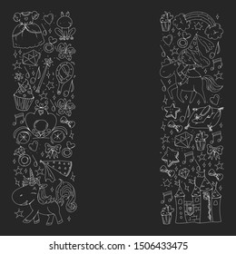 Fairy princess and magical unicorns. Vector pattern with magic cats, horses, dogs for little kindergarten children.