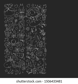 Fairy princess and magical unicorns. Vector pattern with magic cats, horses, dogs for little kindergarten children.
