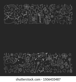 Fairy princess and magical unicorns. Vector pattern with magic cats, horses, dogs for little kindergarten children.