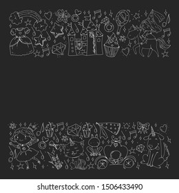 Fairy princess and magical unicorns. Vector pattern with magic cats, horses, dogs for little kindergarten children.