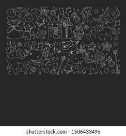 Fairy princess and magical unicorns. Vector pattern with magic cats, horses, dogs for little kindergarten children.