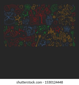 Fairy princess and magical unicorns. Vector pattern with magic cats, horses, dogs.