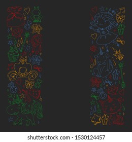 Fairy princess and magical unicorns. Vector pattern with magic cats, horses, dogs.