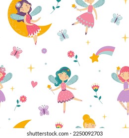 Fairy princess pattern, cute girls dancing. Doll child and flowers, childish baby fabric with magic rainbow and moon, sweet heart. Wrapping design. Vector seamless tidy illustration