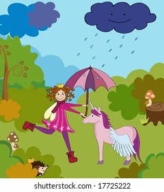 Fairy princess with unicorn under the rain.