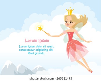 fairy princess with wings and a magic stick with sky background