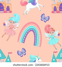 Fairy princesses with unicorn, castle and rainbow , seamless vector pattern with hand drawn illustrations