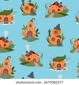 СUte hada calabaza casa sin patrón. Calabaza de fantasía de Halloween sobre fondo azul. Tela de la impresión del Vector del otoño, empaquetado, papel, Fondo de pantalla.