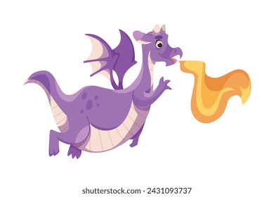 Fairy Purple Dragon as Horned Legendary Creature with Wings Vector Illustration