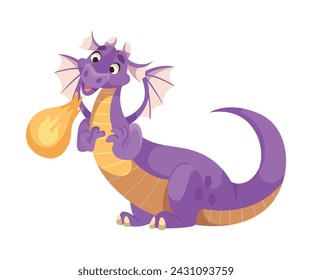 Fairy Purple Dragon as Horned Legendary Creature with Wings Vector Illustration