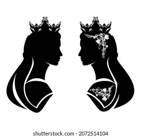 fairy queen or princess with rose flowers and medieval style long hair black and white vector silhouette portrait set