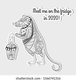 Fairy Rat with Pattern and Text Made as Stickers Curved from Paper or other Material. Boho, Zentangle, Doodle Style Pattern. Chinese New 2020 Years Symbol. Idea for Car Air Freshener or Fridge Magnet.