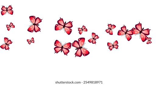 Fairy red butterflies flying vector background. Spring cute insects. Detailed butterflies flying fantasy illustration. Delicate wings moths graphic design. Nature beings.