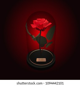 Fairy Red Rose Under A Glass Dome On Black Background. The Beauty And The Beast Story.