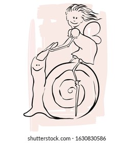 Fairy riding a snail, pink background