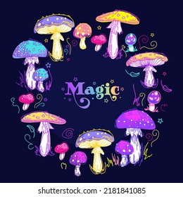 Fairy Rings. Magic witchs circle of fly agaric mushrooms. Psychedelic multi-colored amanita. Vintage botanical illustration, sketch style. For halloween, frame, posters, postcards, banners, fabric.