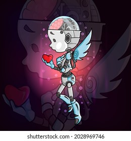 The fairy robot holds the heart esport logo design of illustration