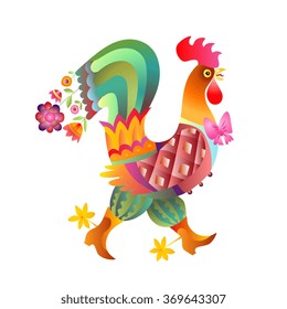 Fairy rooster with bow on white background - chinese symbol of 2017 year. Vector illustration. 