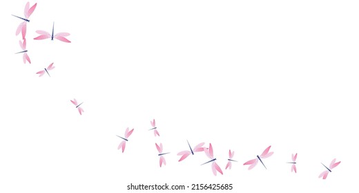 Fairy rosy pink dragonfly cartoon vector wallpaper. Spring little insects. Wild dragonfly cartoon kids illustration. Delicate wings damselflies graphic design. Tropical beings