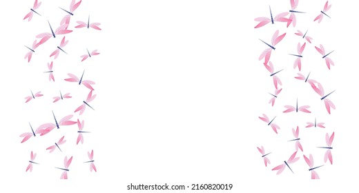 Fairy rosy pink dragonfly flat vector wallpaper. Summer beautiful insects. Detailed dragonfly flat girly illustration. Gentle wings damselflies graphic design. Garden creatures