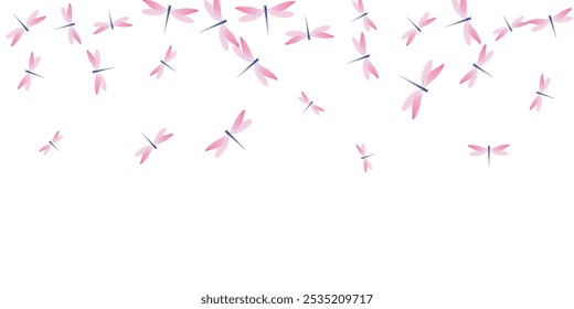 Fairy rosy pink dragonfly flat vector illustration. Spring beautiful insects. Simple dragonfly flat dreamy wallpaper. Sensitive wings damselflies patten. Nature beings