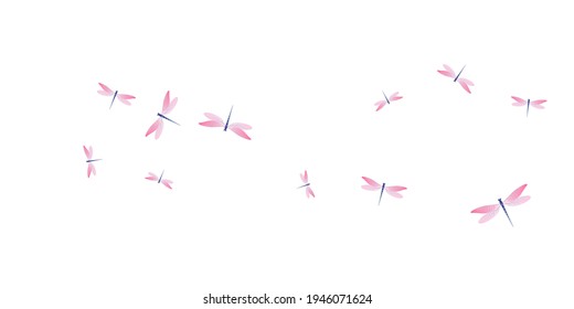 Fairy rosy pink dragonfly isolated vector illustration. Summer pretty damselflies. Fancy dragonfly isolated fantasy background. Delicate wings insects patten. Garden creatures