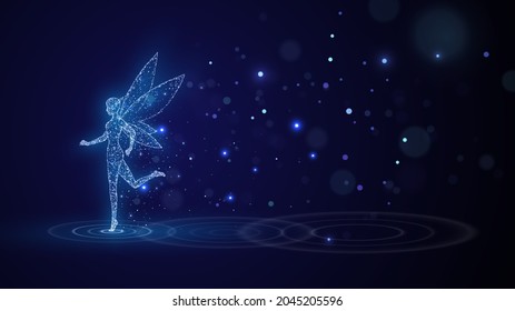 Fairy running through the water made of blue sparks against the background of the starry sky