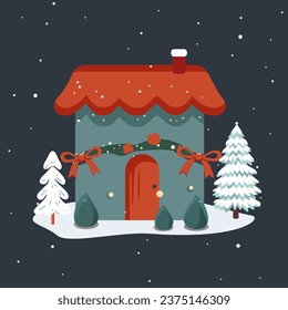 Fairy scandi winter home. Christmas scandinavian house and trees. Trendy childish vector house. Christmas card