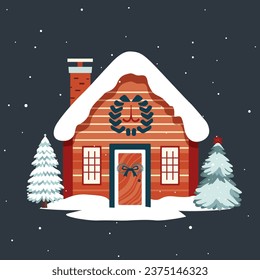 Fairy scandi winter house. Christmas scandinavian home and trees. Trendy childish illustration. Christmas card