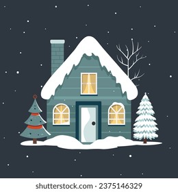 Fairy scandi winter house. Christmas scandinavian home and snowy trees. Christmas card with cute house