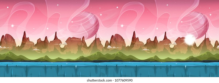 Fairy Sci-fi Alien Landscape For Ui Game
Illustration of a cartoon seamless sci-fi alien planet landscape background, with layers for parallax including weird mountains, stars and planets 