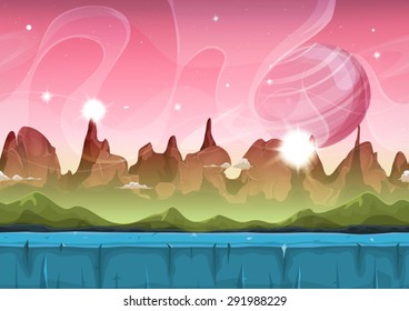 Fairy Sci-fi Alien Landscape For Ui Game/
Illustration of a cartoon seamless sci-fi alien planet landscape, with layers for parallax including weird mountains range, stars and planets for ui game