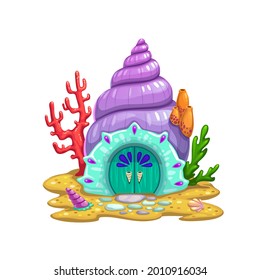 Fairy sea shell house or dwelling of sorceress. Vector fairytale undersea conch home with curve spiral roof, decorated round door, corals and stones on ocean bottom. Cute cartoon fantasy building