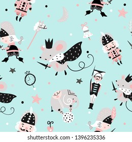 Fairy seamless childish pattern with nutcracker, toy soldier and mouse king. Christmas scandinavian set for kids fabric, wrapping, textile, wallpaper, apparel.