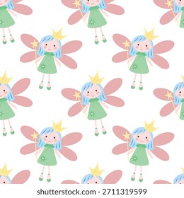 Fairy seamless pattern, child wallpaper. Fairy nursery background. Pastel fairy character pattern