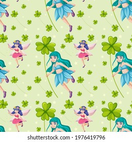 Fairy seamless pattern with clover leaves illustration