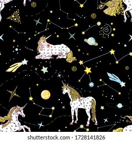 Fairy seamless pattern. Cosmic travel with starry unicorns on the black background. Vector endless texture in cartoon style for girls and children 