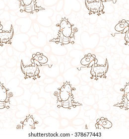 Fairy seamless pattern with cute cartoon dragons on white background. Vector image.