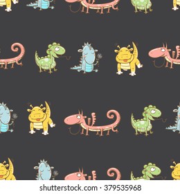 Fairy seamless pattern with cute cartoon dragons on dark  background. Vector image.