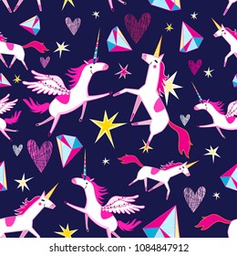 Fairy seamless pattern of funny unicorns on a blue background