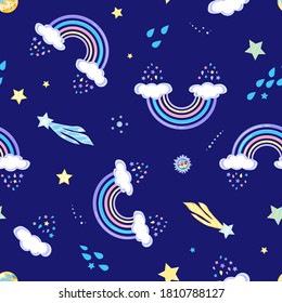 Patrón ininterrumpido de hadas con arcos de lluvia y elementos cósmicos: estrellas, planetas, cometas de fondo azul. Espacio vectorial textura interminable en estilo de dibujos animados brillantes