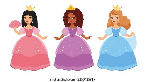 Fairy set of cartoon princess in beautiful girlish dress with crown.  Flat vector isolated illustration on white background.