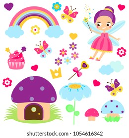 Fairy set. Collection of cartoon fairy tale design elements. Rainbow, mushroom house, forest symbols. Stickers, clip art for girls for scrapbook, party, mobile applications, blogs