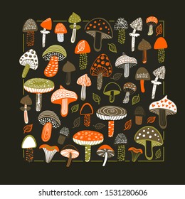 Fairy set with colorful mushrooms - chanterelles, russulas, some poisonous. Bright palette with green and orange, hand drawn sketch doodle style. Square composition, collection on dark background
