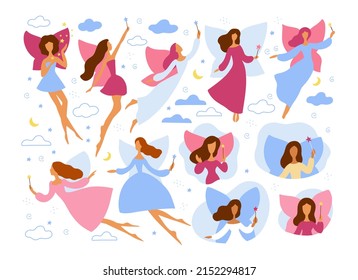 Fairy set, cute characters, flat style. Woman with wings and magic wand