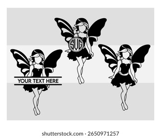 Fairy Silhouette, Butterfly, Magical, Fairy Cartoon, Vector, Silhouette, Eps, Fairy Monogram, Split Monogram, Circle Monogram 