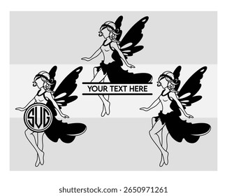 Fairy Silhouette, Butterfly, Magical, Fairy Cartoon, Vector, Silhouette, Eps, Fairy Monogram, Split Monogram, Circle Monogram 