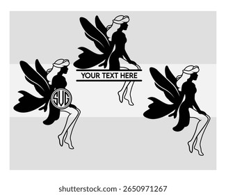 Fairy Silhouette, Butterfly, Magical, Fairy Cartoon, Vector, Silhouette, Eps, Fairy Monogram, Split Monogram, Circle Monogram 