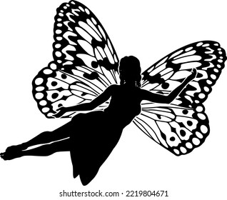 A fairy in silhouette with butterfly style wings 