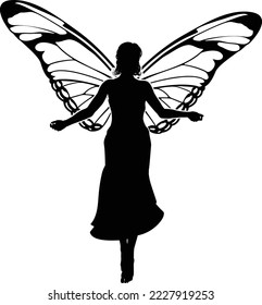 A fairy in silhouette with butterfly style wings 